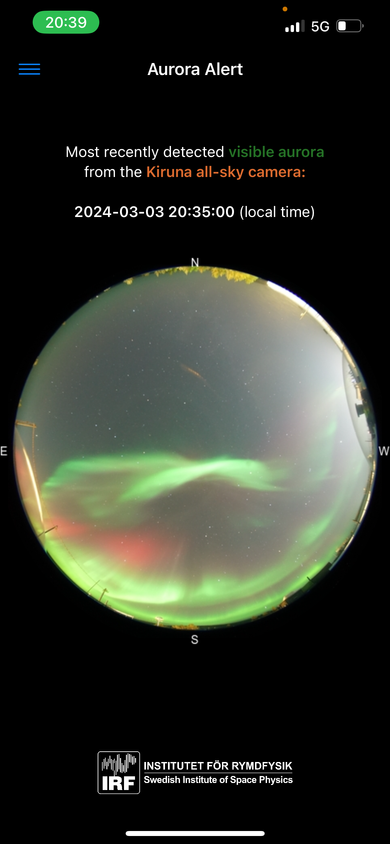 IRF Aurora Alert app showing aurora in the Kiruna sky