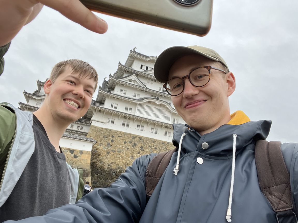 Both of us taking a selfie in front of Himeji castle