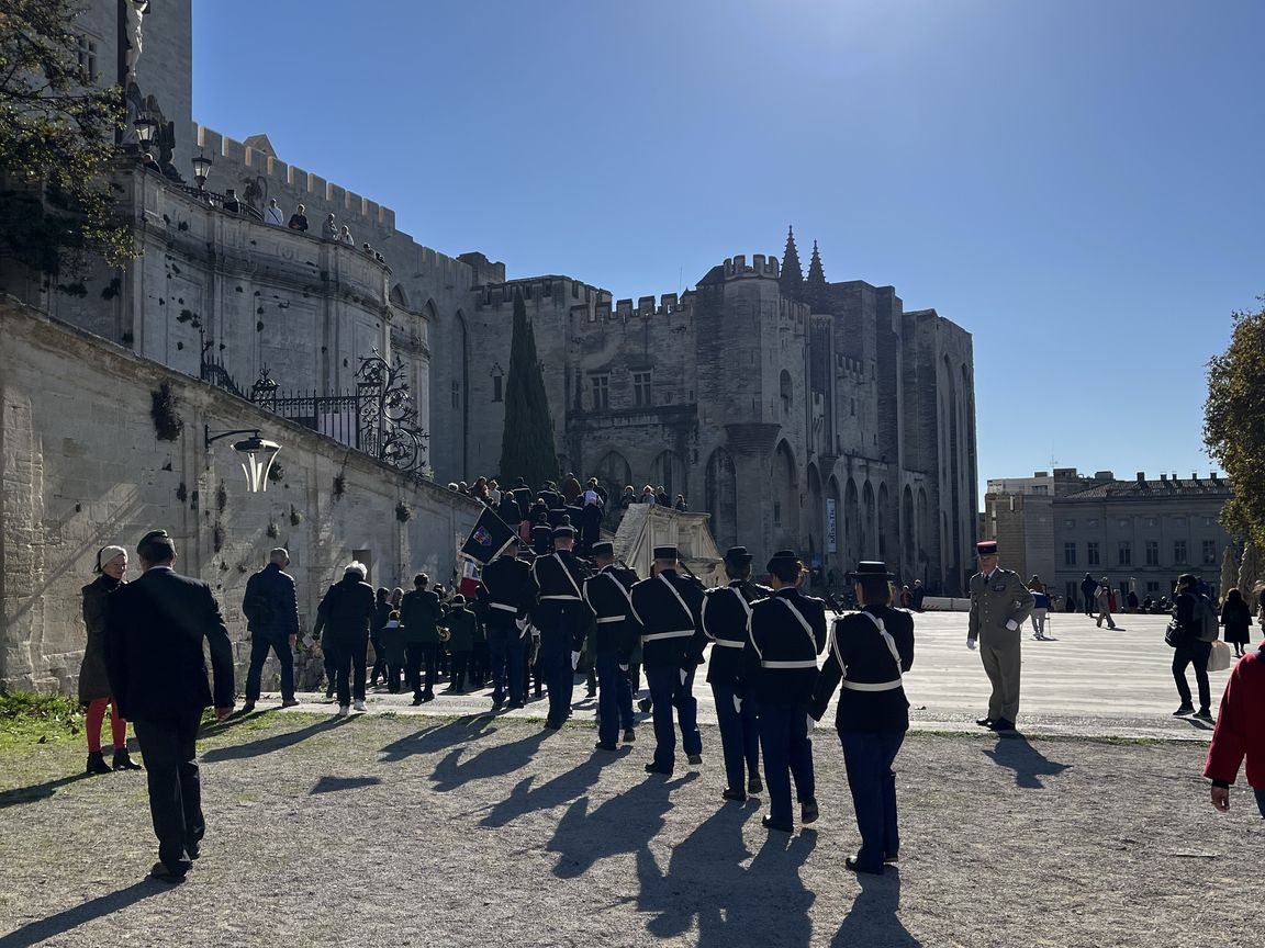 Soldiers walking towards the Popes' Palace on Remembrance Day