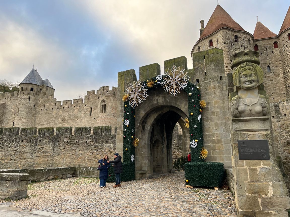 Carcassonne castle gate in Christmas decor